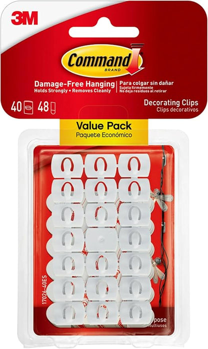 Command Decorating Clips, 40 Clips and 48 Command Strips, Damage Free Hanging Light Clips with Adhesive Strips, No Tools Small Wall Clips for Hanging Lights and Cables