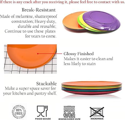 KOXIN-KARLU Melamine Plates, 10.5-inch Dinner Plates Dinnerware Dish, set of 6 in 6 Assorted Colors  100 Melamine, Dishwasher Safe, BPA Free