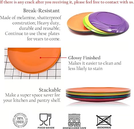 KOXIN-KARLU Melamine Plates, 10.5-inch Dinner Plates Dinnerware Dish, set of 6 in 6 Assorted Colors  100 Melamine, Dishwasher Safe, BPA Free