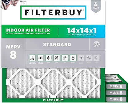 Filterbuy 14x14x1 Air Filter MERV 8 Dust Defense (4-Pack), Pleated HVAC AC Furnace Air Filters Replacement (Actual Size: 13.75 x 13.75 x 0.75 Inches)