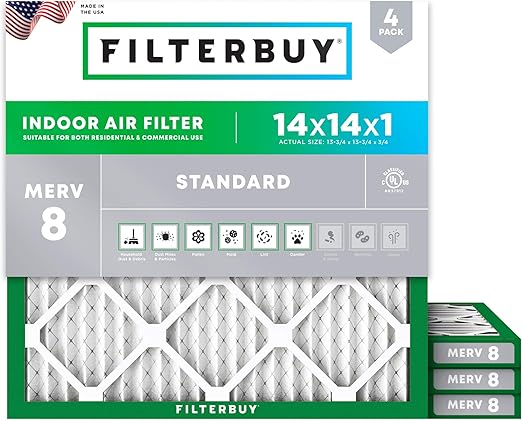Filterbuy 14x14x1 Air Filter MERV 8 Dust Defense (4-Pack), Pleated HVAC AC Furnace Air Filters Replacement (Actual Size: 13.75 x 13.75 x 0.75 Inches)