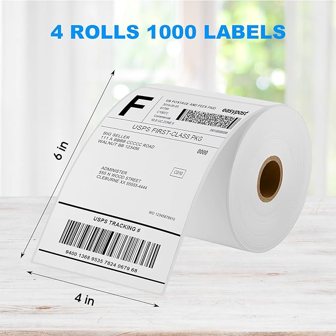 MaxGear 4" x 6" Direct Thermal Labels, 1000 Pcs/4 Rolls, Perforated White Shipping & Mailing Labels, Commercial Grade with Permanent Adhesive, Compatible with Most Thermal Printers