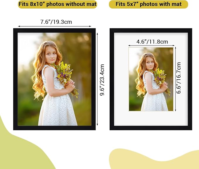 Rempry 8x10 Picture Frame, Display Pictures 5x7 with Mat or 8x10 Without Mat, Wall Hanging or Tabletop Photo Frame with Shatter Resistant Plexiglass, Black, 1 Pack