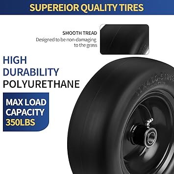 11x4.00-5 Flat Free Solid Tire and Wheel Replacement with 34" or 58" 12" Bushings, 3.4"-5.6" Centered Hub,Smooth Tread Tire for Zero Turn Mowers