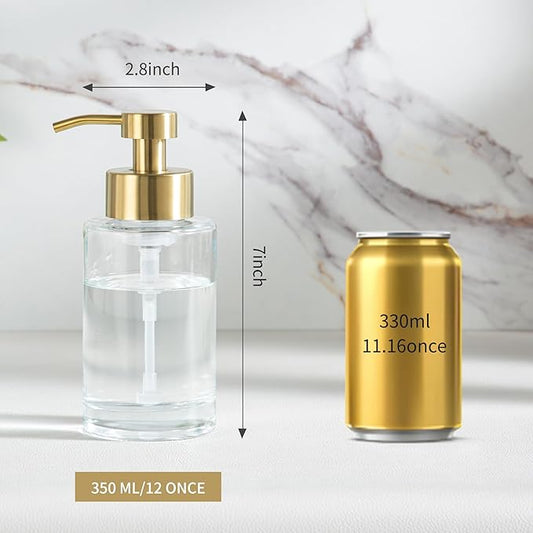 Enra Foam Soap Dispenser, 12oz Thick Glass Bathroom Soap Dispenser with Stainless Steel Gold Pump, Kitchen (ClearGold Foam Type)