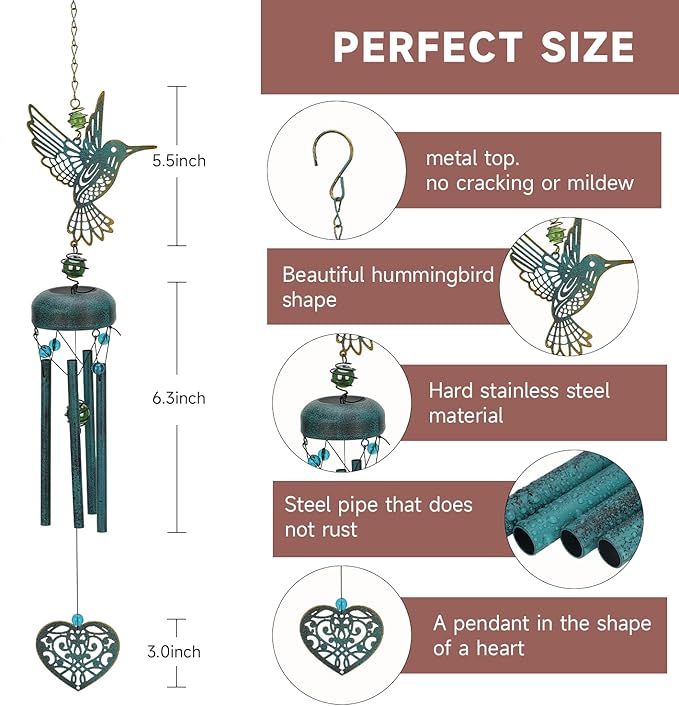 Outdoor Wind Chimes, Deep Tone, Commemorative Hummingbird Wind Chimes, Retro Wind Chimes, Unique Outdoor Gifts, 27 Inch Wind Chimes