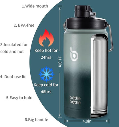 BOTTLE BOTTLE Insulated Water Bottle 64 oz with Straw and Dual-use Lid Half Gallon Water Jug Vacuum Stainless Steel for Workout and Sports Insulated Beer Growler with Handle Green Gradient