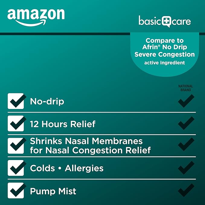 Basic Care No Drip Severe Congestion Nasal Pump Mist Spray, 12 Hour Relief, Oxymetazoline HCl, Maximum Strength Plus Menthol, Steroid Free, 1 fl oz (Pack of 1)