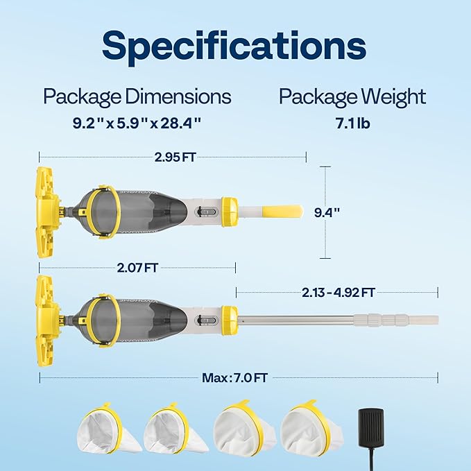 VIVOHOME Cordless Pool Vacuum with Telescopic Pole, Powerful Suction up to 18.5 GPM, 60 Mins Running Time, Handheld Rechargeable Swimming Pool Cleaner for Pools/Spas/Hot Tubs - Yellow