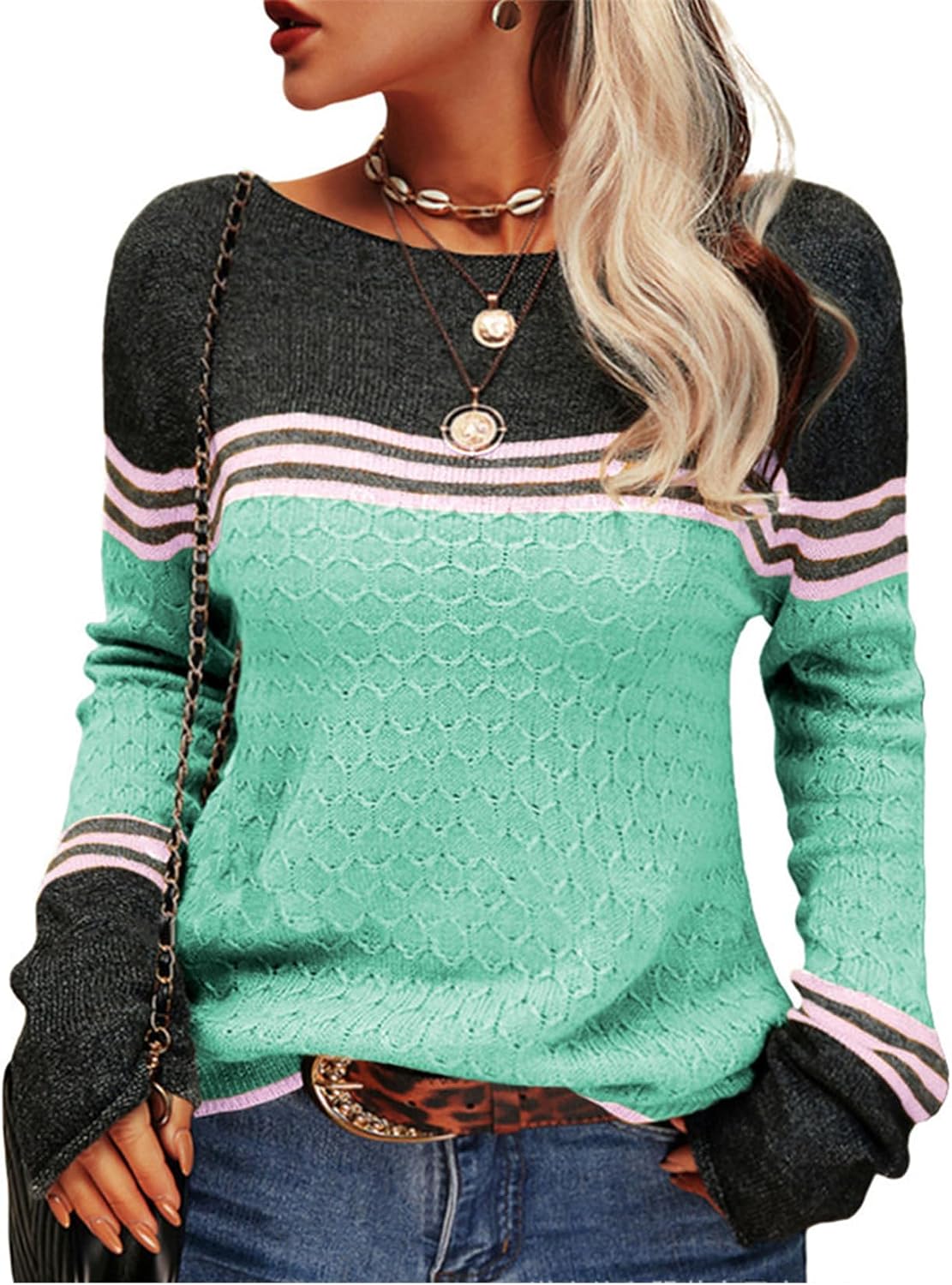 ZOCANIA Striped Sweater Women Crew Neck Long Sleeve Color Block Sweater Lightweight Knit Pullover Fall Fashion Jumper Tops
