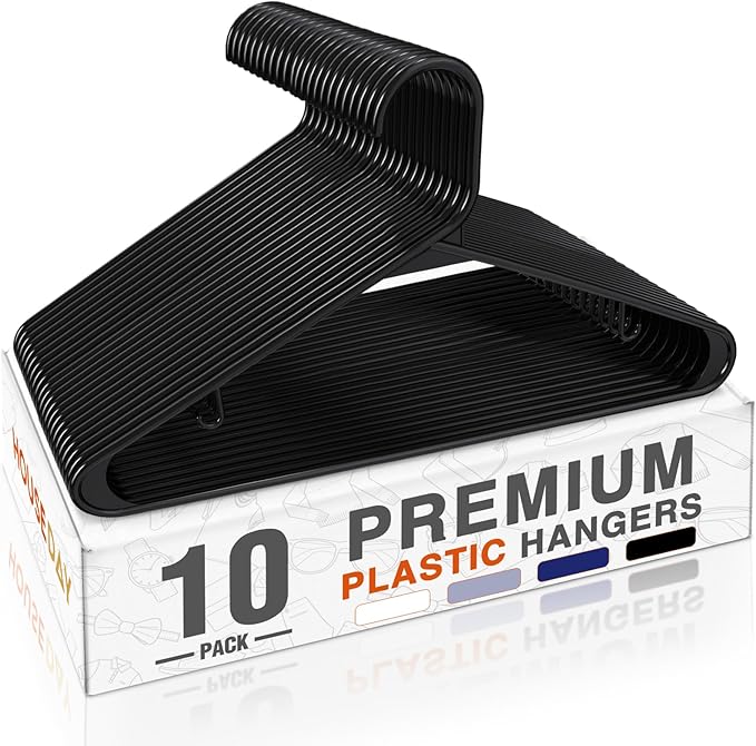 HOUSE DAY Black Plastic Hangers 10 Pack, Plastic Clothes Hangers with Built-in Hooks, Durable and Strong Coat Hanger for Closet, Space Saving Clothing Hanger for Shirts, Coats, Skirt, Dress