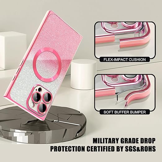 Misscase for iPhone 12 Pro Max Case Compatible with MagSafe,Full Protection Magnetic Glitter Case with Camera Lens Protector Anti-Scratch Dust-Proof Net Case Cover for iPhone 12 Pro Max Pink
