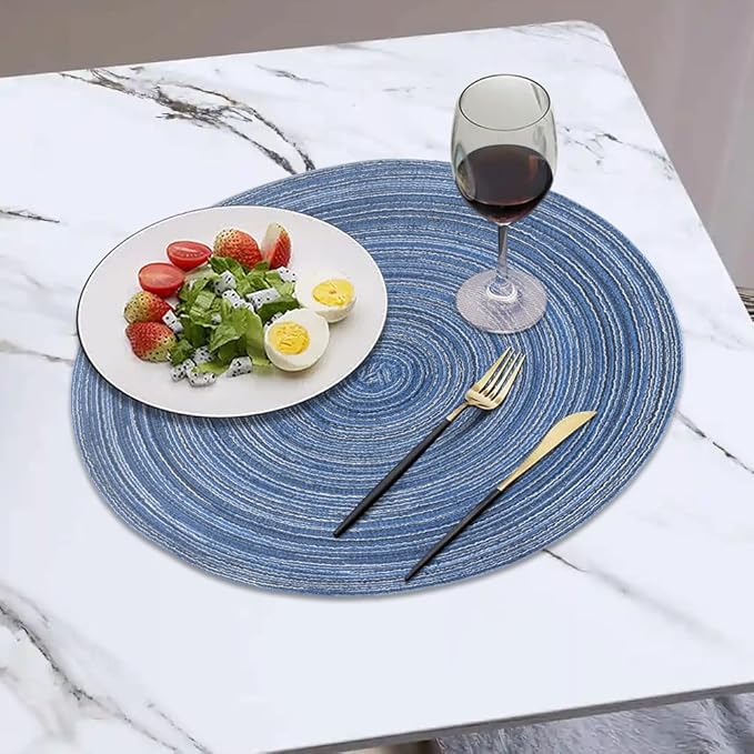 homEdge Round Placemat, Set of 4 Braided Washable Table Mats 15 Inches-Blue