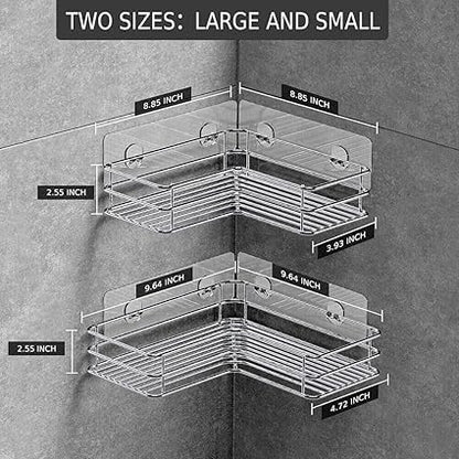Nieifi Corner Shower Shelves Stainless Steel, Adhesive Shower Caddy Basket Rack with Hooks, Rust Proof for Bathroom Shelf Shampoo Holder (Silver, 2 Pack)