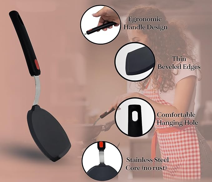 Silicone Pancake Spatula  Wide Beveled Edge Flipper with Stainless Steel Curved Handle  Heat Resistant Non-Stick Cooking