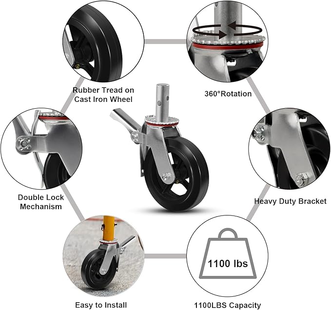 8"x2" Scaffolding Wheels, Rubber Tread on Cast lron Wheel Stem Casters Wheels- Dual Locking Swivel Caster 360 Degrees Industrial Casters 1100LBS Capacity Per Wheel (1 Brake)