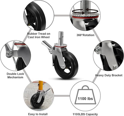 8"x2" Scaffolding Wheels, Rubber Tread on Cast lron Wheel Stem Casters Wheels- Dual Locking Swivel Caster 360 Degrees Industrial Casters 1100LBS Capacity Per Wheel (1 Brake)
