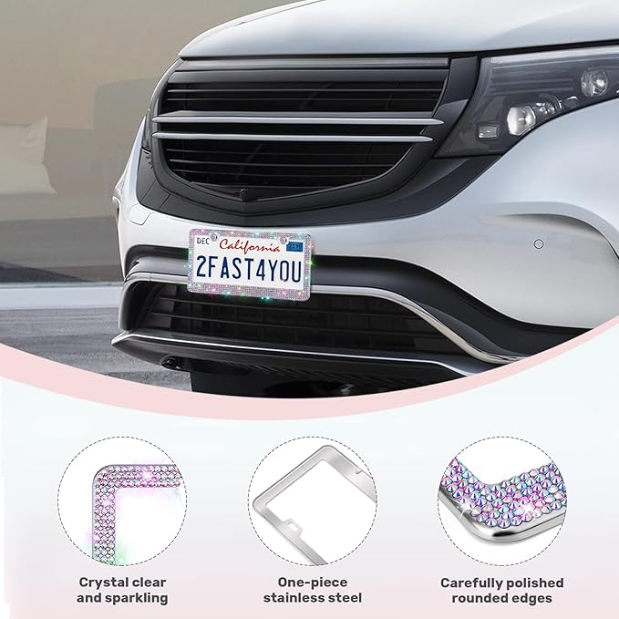 1 Pack Bling License Plate Frames, Sparkly Rhinestone Diamond Car License Plate Cover for Women, Stainless Steel Car Accessories with Glitter Crystal Caps (1 Pack Colorful)
