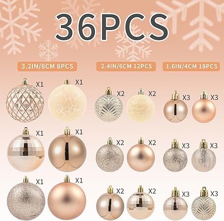 LANGXUN 36pcs Champagne Gold Christmas Tree Decorations Balls, Bolas De Navidad, 2024 Christmas Decor, Indoor Outdoor Shatterproof Christmas Ornaments, Xmars Party Wedding Suppiles