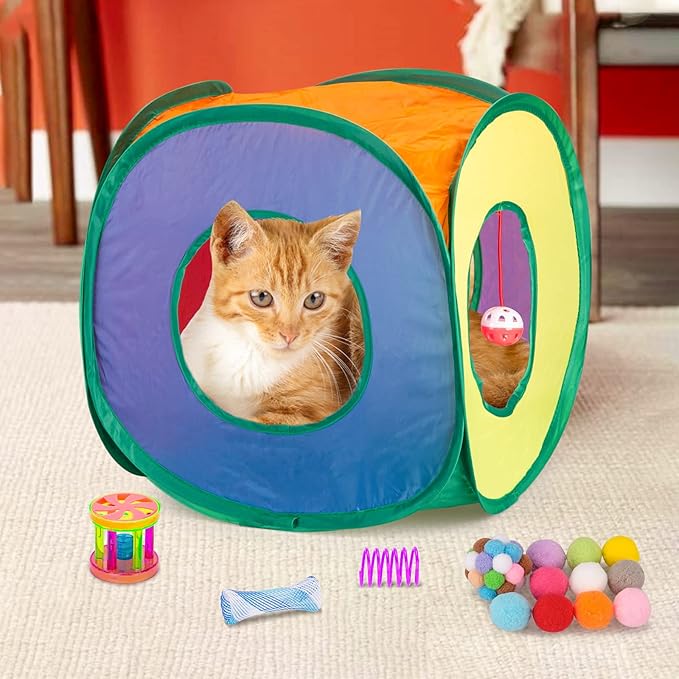 Retro Shaw 33 Pack Cat Toys, Interactive Indoor Cat Toys, Kitten with Folding Play Tunnel, Tent, Feather Wand, Teaser, Bell, Ball Springs