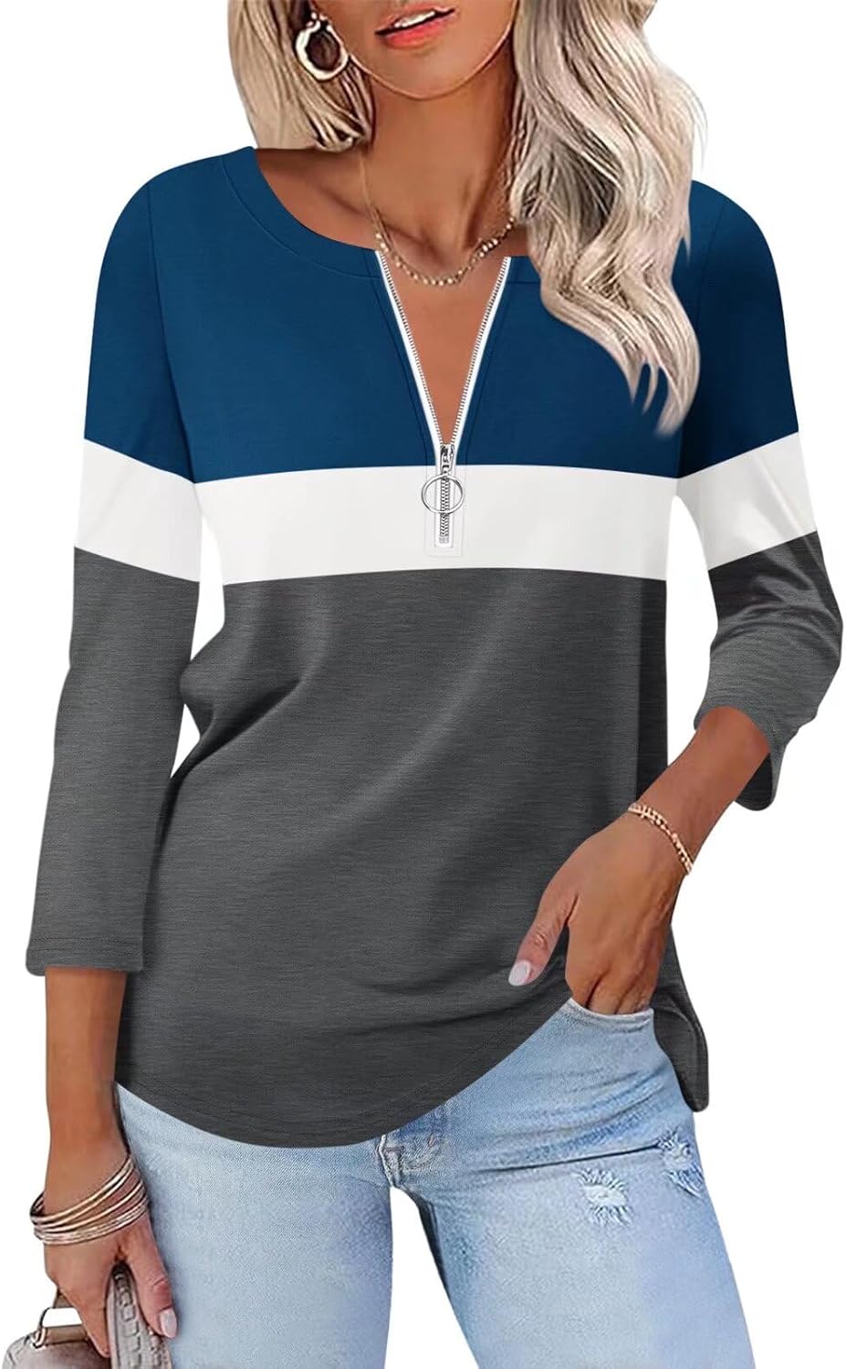 WomenТs 3/4 Length Sleeve Tops Summer Color Block Zipper T Shirts Casual Ladies Tees