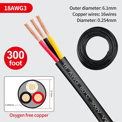 18 Gauge Wire 3 Conductor,18 AWG Electrical Wire Stranded PVC Cord Oxygen-Free Copper Cable,300 FT Tinned Copper Hookup Wire Cord for LED Lamp Lighting Strips Automotive (300FT, 18AWG-3C)