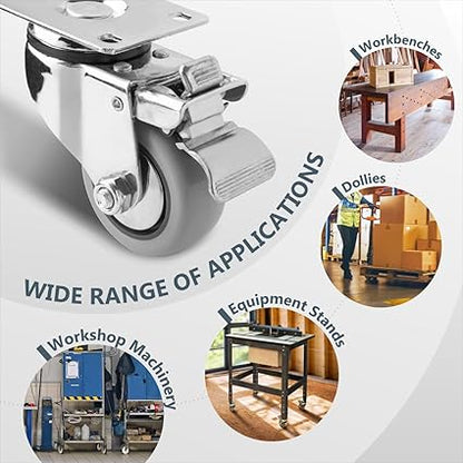 POWERTEC 3 Inch Swivel Caster Wheels Set of 4 with Brake  880 lbs Loads, Heavy Duty Plate Casters, Dual Locking PU Castor Wheels for Furniture, Cart, Dolly and Workbenches (17208V)