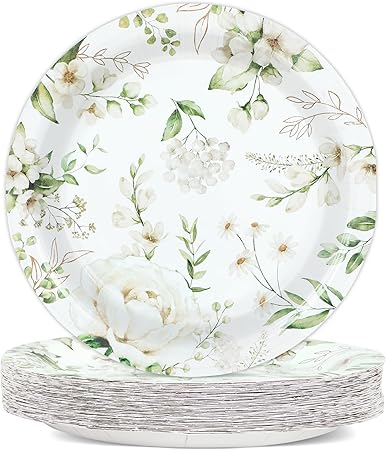 48PCS White Floral Party Paper Plates 7In Wildflower Party Decorations Spring Blossom Flowers Dinner Plates Greenery Disposable Tableware for Wedding Bridal Baby Shower Birthday Party Supplies