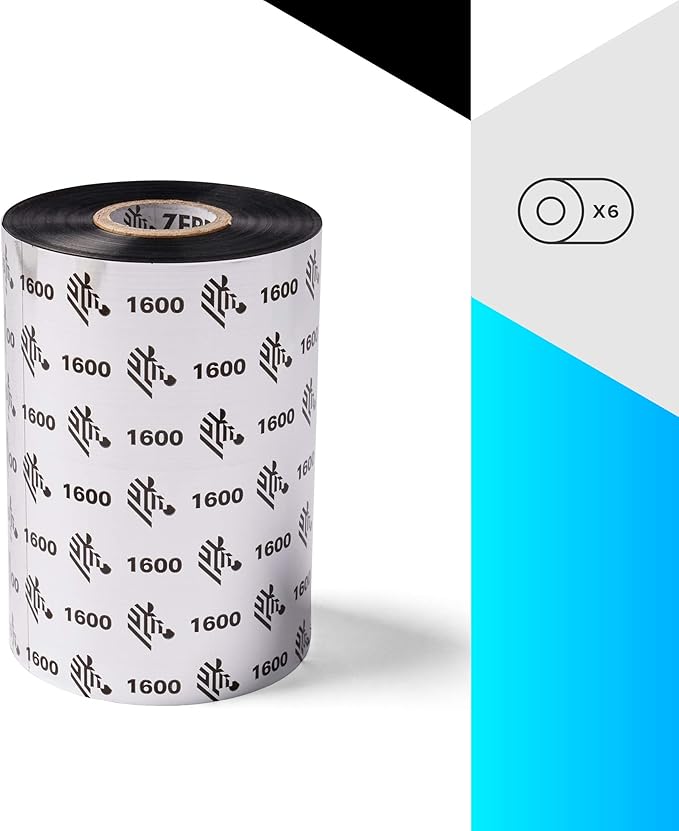 Zebra Standard Black Wax Ribbon for Industrial Thermal Transfer Printers 4.33 in Wide 1476 ft Long 1 in Core Pack of 6 Rolls Compatible with Multiple Models 10031729SP