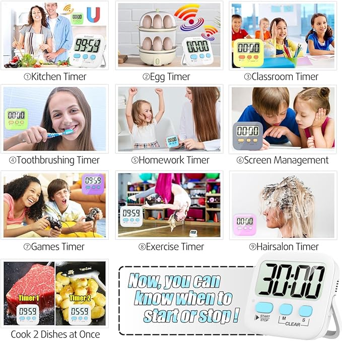 Antonki Timer, 2 Pack Timer for Kids, Kitchen Timers, Digital Timer for Cooking, Egg Timer, Classroom Timer for Teacher, Magnetic Countdown Timer for Exercise, Study, Oven - Battery Included