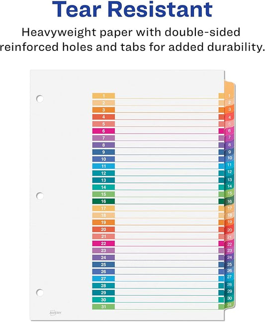 Avery 1-31 Tab Dividers for 3 Ring Binders, Customizable Table of Contents, Multicolor Tabs, 1 Set (11129)