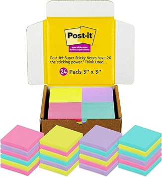 Post-it Super Sticky Notes, 3x3 in, 24 PadsPack, 70 SheetsPad,  Exclusive Bright Color Collection, Aqua Splash, Acid Lime, Tropical Pink and Iris Infusion