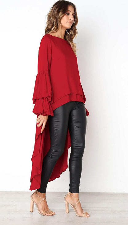 PRETTYGARDEN Women's Lantern Long Sleeve Round Neck High Low Asymmetrical Irregular Hem Casual Tops Blouse Shirt Dress