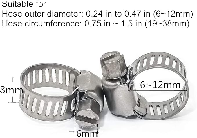 Adjustable Stainless Steel Worm Gear Hose Clamps (6-12mm)