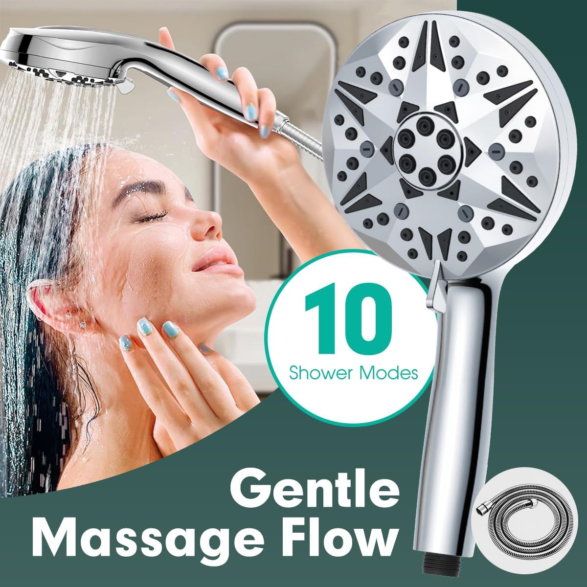 High Pressure Handheld Shower Head – 10 Spray Modes with Rain & Massage, Anti-Clog Nozzles, Power Rinse for Tile, Soap & Pets, Chrome Finish, Easy Installation