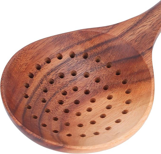 Wooden Strainer Spoon, 11 inch Teak Wooden Slotted Spoon Long Handle Colander Ladle Skimmer Scoops for Home Kitchen Cooking Tool