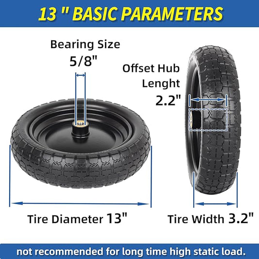 13" Flat-free Solid Tire and Wheel, with 58" Axle Bore Hole, 2.2" Offset Hub, Replacement 4.00-6 Wheelbarrow tire, Compatible with Garden Wagon Trolley Dolly, 2 Pack