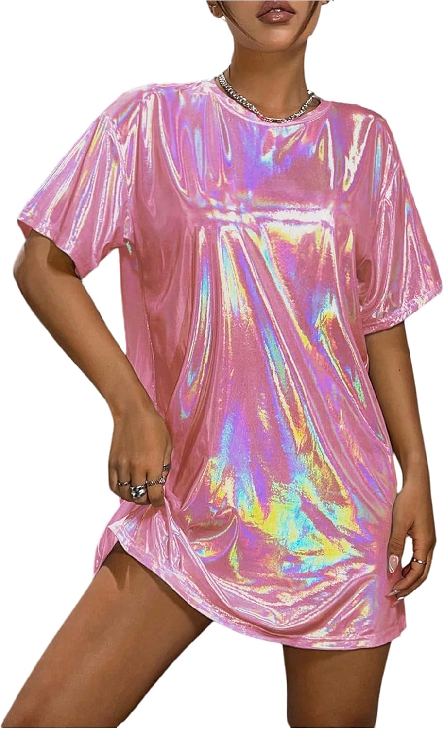 SHENHE Women's Y2k Shiny Holographic Short Sleeve Metallic Party Disco Oversized Tshirt Dress
