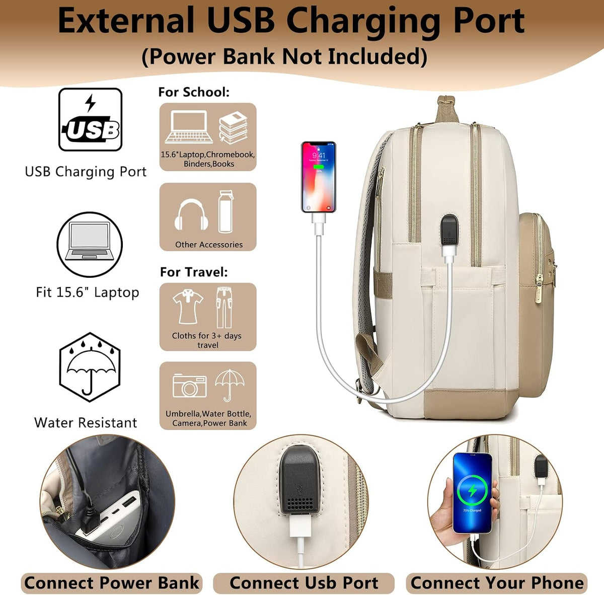 bagswan laptop backpack for Women - 15.6 inch Work Bags Travel Backpack with USB Charger College Bookbag Waterproof Business Computer Backpack Anti-theft Casual Backpacks for Nurse Teacher khaki