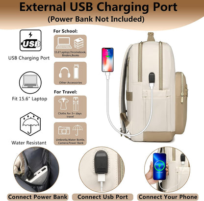 bagswan laptop backpack for Women - 15.6 inch Work Bags Travel Backpack with USB Charger College Bookbag Waterproof Business Computer Backpack Anti-theft Casual Backpacks for Nurse Teacher khaki