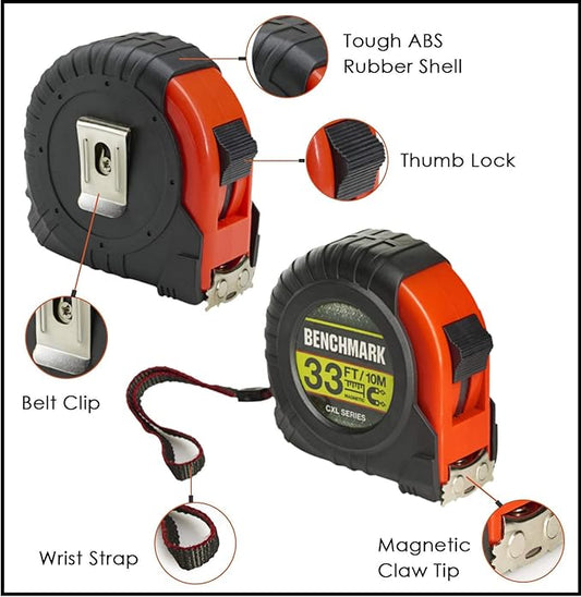 Benchmark - 33 FT Tape Measure with Large Magnetic Claw Tip - Inches and Centimeters