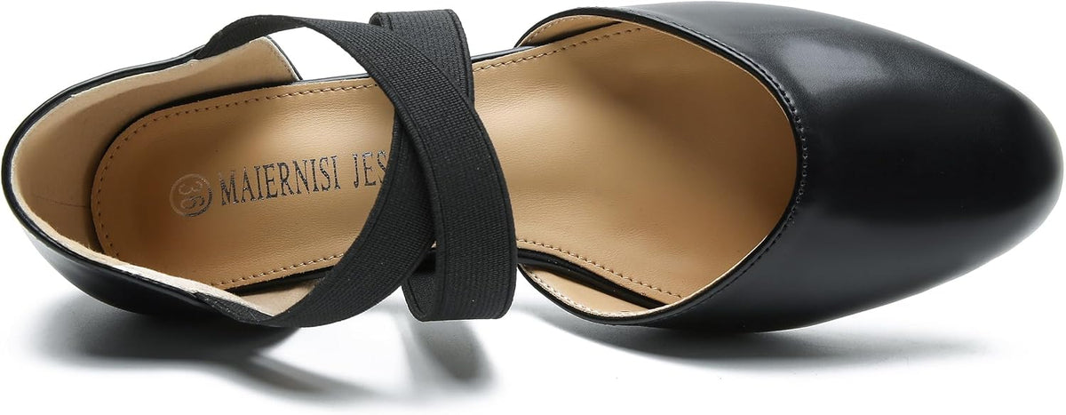 Women's Low Block Heel Pumps with Elastic Cross Straps, 1.57 Inch Heel Pull On Dress Dance Shoes