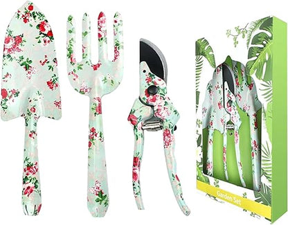 Gardening Tools Set, Garden Tool Set, 3Pcs Gardening Gifts for Women, Gardening Tools with Floral Print, Including Trowel, Pruner, Hand Rake