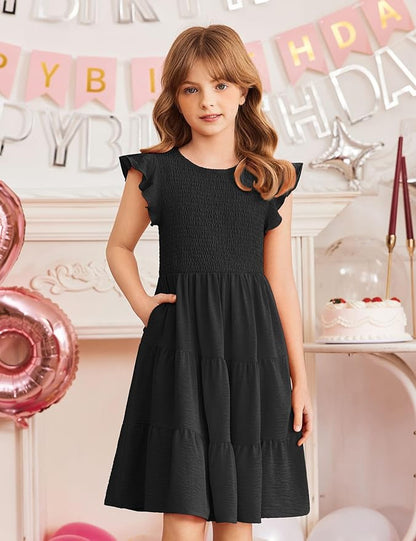 Arshiner Girls Dress Summer Ruffle Sleeve Smocked Tiered Casual Party Sundress with Pockets