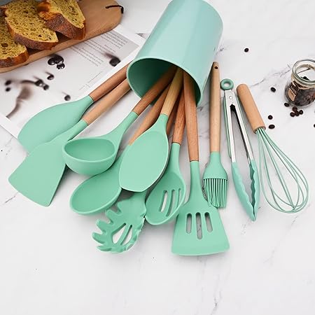 1pc Green Silicone Slotted Spoons Cooking Large Serving Spoon, Heat Resistant Cooking Utensils for Kitchen Cooking Baking Stirring Mixing Tools