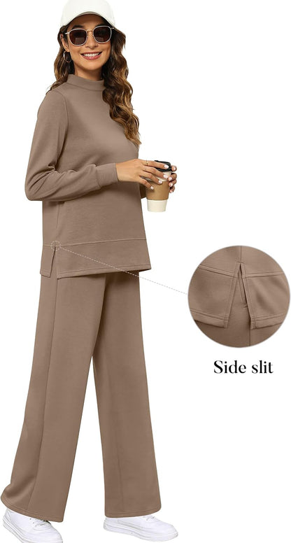 XIEERDUO Women's Side Slit Lounge Sets 2 Piece Outfits Mock Neck Tracksuit Fashion Sweatsuit Wide Leg Loungewear S-3XL