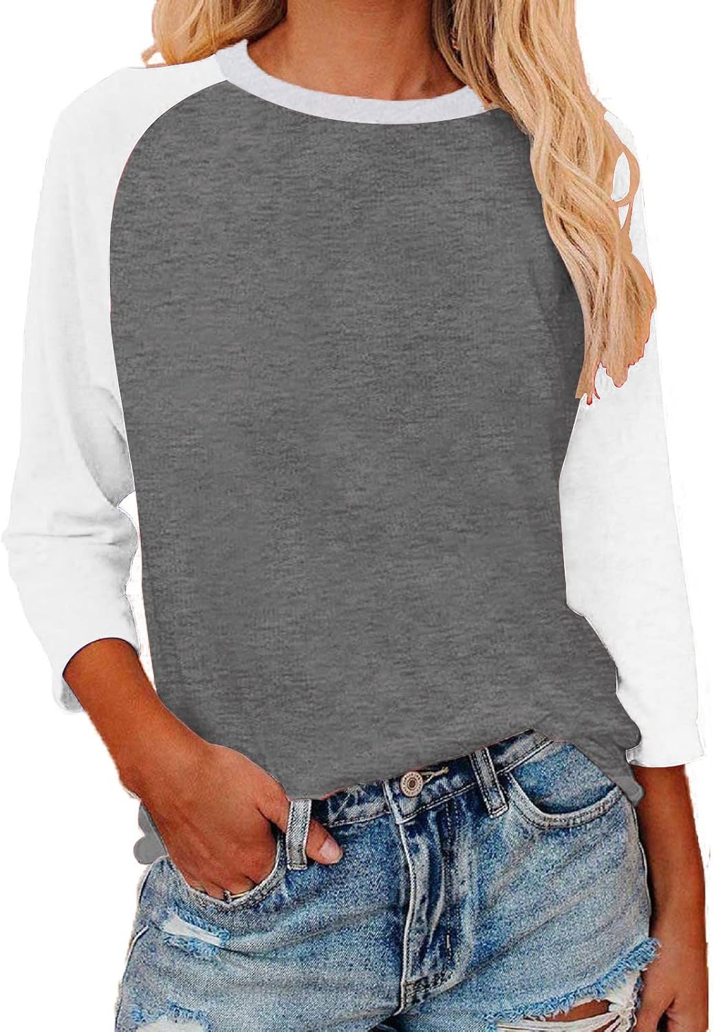 Womens Baseball Tee 3/4 Sleeve Fashion Crewneck Tops Color Block Blouse Casual Raglan Shirt.