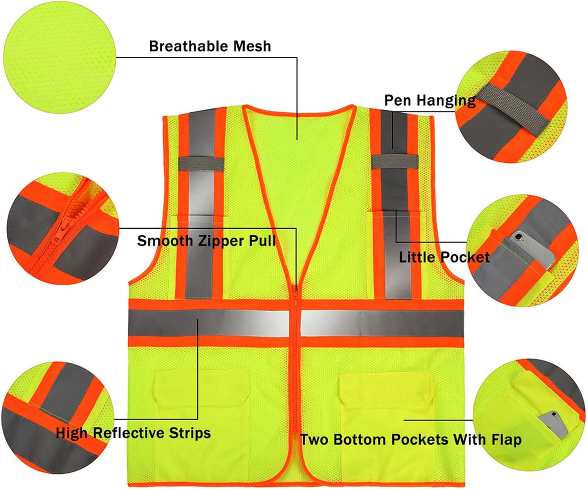 High Visibility Reflective Safety Vest with Zipper and Pockets Yellow,XXL