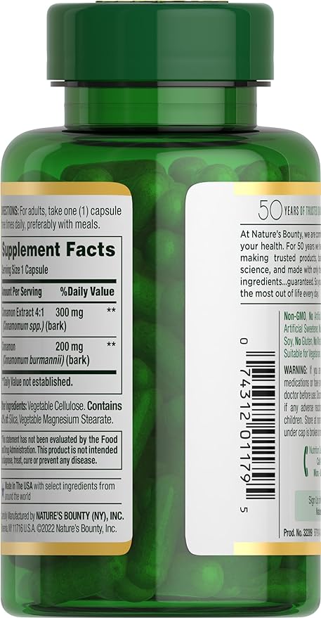 Nature's Bounty Cinnamon Capsules, Herbal Supplement, Supports Sugar Metabolism, 1500mg, 100 Capsules
