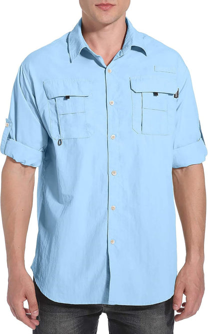 Pudolla XXL Mens Long Sleeve Fishing Shirts UPF 50+ UV Protection Sun Shirts Quick Drying Hiking Lightweight